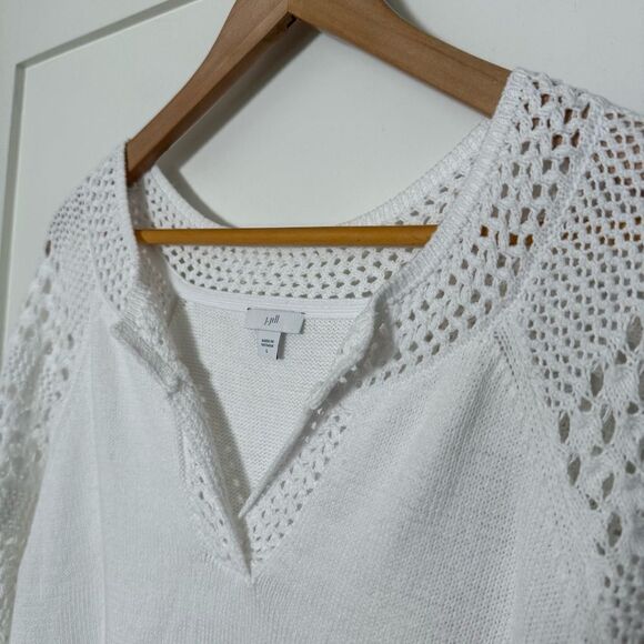 J Jill Top Womens Sz L White Crochet Knit Lace 3/4 Sleeve V Neck Beach Coastal - Picture 4 of 11